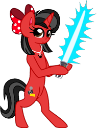 Size: 590x776 | Tagged: safe, artist:mickey1909, derpibooru import, oc, oc only, oc:minnie motion, unicorn, bipedal, bow, female, hair bow, horn, lightsaber, simple background, solo, star wars, transparent background, weapon