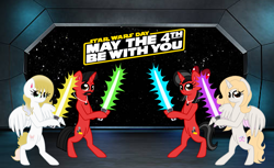 Size: 2233x1370 | Tagged: safe, artist:mickey1909, derpibooru import, oc, oc only, oc:honey bun, oc:mickey motion, oc:minnie motion, oc:mythical valiant, bipedal, lightsaber, may the fourth be with you, star wars, weapon