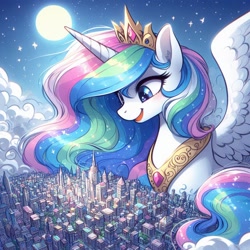 Size: 1024x1024 | Tagged: safe, ai content, derpibooru import, generator:bing image creator, generator:dall-e 3, machine learning generated, princess celestia, alicorn, pony, g4, background, blue eyes, bust, city, cityscape, close-up, female, giantess, kitchen eyes, looking down, macro, night, open mouth, open smile, portrait, prompt in description, sketch, smiling, solo, sparkling, wrong eye color
