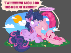 Size: 2128x1596 | Tagged: safe, artist:koidial, derpibooru import, pinkie pie, twilight sparkle, twilight sparkle (alicorn), alicorn, earth pony, pony, g4, ><, alternate hairstyle, animated, chest fluff, cloud, curly hair, curly mane, curly tail, dialogue, duo, duo female, ear fluff, ears, emanata, eyes closed, female, flesh fang, flower, folded wings, gif, grass, hairstyle swap, horn, lesbian, lying down, mare, prone, shipping, sky, speech bubble, sun, tail, twilight poofle, twinkie, wings