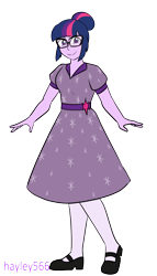 Size: 1804x3160 | Tagged: safe, artist:hayley566, derpibooru import, sci-twi, twilight sparkle, equestria girls, g4, 1950s, alternate hairstyle, clothes, dress, female, flats, glasses, shoes, simple background, socks, solo, stockings, thigh highs, transparent background