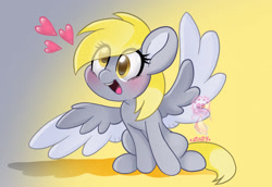 Size: 2314x1592 | Tagged: safe, artist:sparkiethewolf, derpibooru import, derpy hooves, pegasus, pony, g4, blushing, colored wings, cute, derpabetes, eye clipping through hair, female, floating heart, gradient background, gray background, heart, mare, open mouth, open smile, shadow, simple background, sitting, smiling, solo, spread wings, two toned background, two toned wings, watermark, wings, yellow background