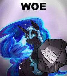 Size: 2005x2267 | Tagged: safe, artist:testostepone, derpibooru import, part of a set, nightmare moon, art pack:shattered will, g4, hand, offscreen character, pov, rock, smug, solo, throwing