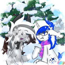 Size: 2048x2048 | Tagged: safe, artist:linkle, derpibooru import, oc, oc only, oc:astro lazuli, oc:silver edge, clothes, duo, glasses, scarf, snow, snowfall, striped scarf, tree, winter