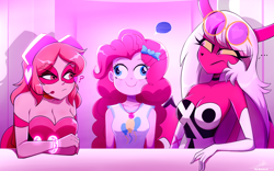 Size: 3104x1934 | Tagged: safe, artist:the-butch-x, derpibooru import, pinkie pie, demon, human, succubus, equestria girls, g4, ..., bare shoulders, blue screen of death, clothes, crossover, derp, drool, evening gloves, faic, female, gloves, heart, heart eyes, hellaverse, hellborn, helluva boss, long gloves, miss heed, pink, question mark, sleeveless, spring broken, strapless, sunglasses, sunglasses on head, tanktop, trio, trio female, verosika mayday, villainous, wingding eyes