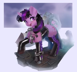 Size: 902x844 | Tagged: safe, artist:vondsketch, derpibooru import, twilight sparkle, unicorn twilight, pony, unicorn, g4, chains, clothes, corset, female, goth, jewelry, latex, latex socks, mare, necklace, socks, solo