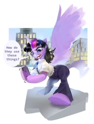 Size: 930x1228 | Tagged: safe, artist:vondsketch, derpibooru import, twilight sparkle, twilight sparkle (alicorn), alicorn, pony, g4, bipedal, cellphone, city, clothes, female, frustrated, mare, necktie, pants, phone, shirt, smartphone, solo, spread wings, wings