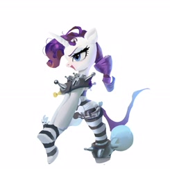 Size: 2454x2508 | Tagged: safe, artist:vondsketch, derpibooru import, rarity, pony, unicorn, g4, ball and chain, clothes, female, horn, mare, prison outfit, prison stripes, simple background, solo, white background