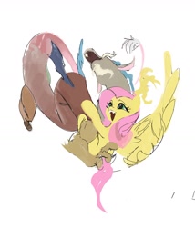Size: 1422x1665 | Tagged: safe, artist:vondsketch, derpibooru import, discord, fluttershy, draconequus, pegasus, pony, discoshy, duo, duo male and female, facial hair, fangs, female, flying, goatee, heart, heart eyes, hug, male, mare, shipping, simple background, spread wings, straight, white background, wingding eyes, wings