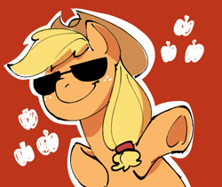 Size: 500x422 | Tagged: safe, artist:buzzingroyalty, derpibooru import, applejack, earth pony, pony, female, hat, mare, red background, simple background, solo, sunglasses