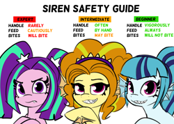 Size: 6264x4458 | Tagged: safe, artist:tjpones, derpibooru import, adagio dazzle, aria blaze, sonata dusk, hybrid, pony, siren, absurd resolution, equestria girls ponified, female, grin, implied biting, lidded eyes, looking at you, mare, ponified, sharp teeth, simple background, smiling, smiling at you, species swap, teeth, text, the dazzlings, trio, trio female, white background