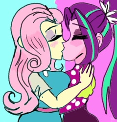 Size: 700x733 | Tagged: safe, artist:vanillawaffer3000, derpibooru import, aria blaze, fluttershy, human, equestria girls, g4, ariashy, blushing, duo, duo female, eyes closed, eyeshadow, female, holding each other, kiss on the lips, kissing, lesbian, makeup, requested art, shipping
