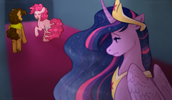 Size: 1760x1030 | Tagged: safe, artist:violetpony11, derpibooru import, cheese sandwich, pinkie pie, princess twilight 2.0, twilight sparkle, twilight sparkle (alicorn), alicorn, earth pony, pony, g4, butt, cheesepie, crown, ethereal mane, eyes closed, female, implied lesbian, implied shipping, implied twinkie, indoors, jewelry, male, mare, older, older twilight, older twilight sparkle (alicorn), open mouth, open smile, peytral, plot, regalia, shipping, smiling, stallion, starry mane, straight, teary eyes, trio, unrequited