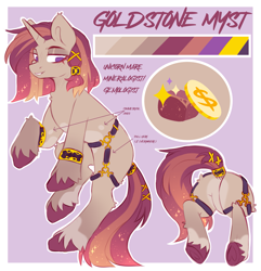 Size: 2607x2700 | Tagged: safe, artist:cheekipone, derpibooru import, oc, oc only, oc:goldstone myst, pony, unicorn, bracelet, butt, female, gold, gold coins, harness, horn, jewelry, mare, reference sheet, rock, solo