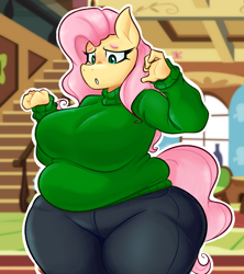 Size: 1800x2030 | Tagged: safe, artist:disco chaos, derpibooru import, fluttershy, anthro, pegasus, g4, bbw, big breasts, breasts, clothes, curvy, denim, fat, fattershy, female, fluttershy's cottage (interior), hootershy, huge breasts, jeans, outline, pants, solo, stairs, sweater, sweatershy, white outline, wide hips