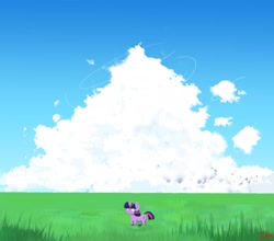 Size: 3300x2900 | Tagged: safe, artist:thelunarmoon, derpibooru import, twilight sparkle, unicorn twilight, pony, unicorn, cloud, grass, grass field, horn, scenery, sky, solo, squatpony, twiggie