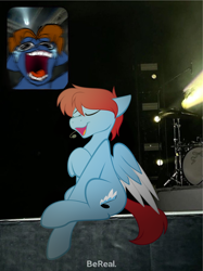 Size: 3686x4916 | Tagged: safe, artist:feather_bloom, derpibooru import, oc, oc only, oc:jack(fb), oc:jasper(fb), earth pony, pegasus, pony, blurry, detailed background, duo, meme, microphone, open mouth, performance, singing, sobbing, source in the description, stage