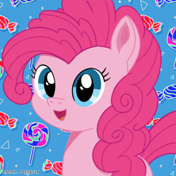 Size: 1980x1986 | Tagged: safe, artist:codenamekid, derpibooru import, pinkie pie, earth pony, pony, g4, blue background, candy, curly hair, curly mane, cute, digital art, female, food, happy, lollipop, looking at you, mare, open mouth, shading, simple background, solo, stars, triangle