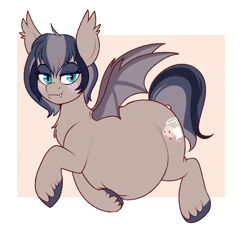 Size: 728x702 | Tagged: safe, artist:lulubell, derpibooru import, oc, oc only, oc:midnight snack, bat pony, belly, big belly, fangs, fat, female, freckles, hoof on belly, looking at you, solo, spread wings, wings