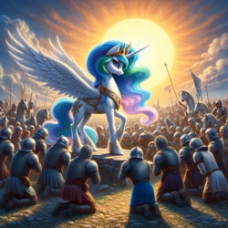 Size: 1024x1024 | Tagged: safe, ai content, derpibooru import, generator:bing image creator, generator:dall-e 3, machine learning generated, princess celestia, alicorn, horse, human, pony, g4, armor, army, blue eyes, cloud, crowd, crown, female, helmet, jewelry, kneeling, mare, medieval, outdoors, peytral, praise the sun, prompter needed, regalia, rock, sky, spear, spread wings, sun, weapon, wings, wrong cutie mark, wrong eye color