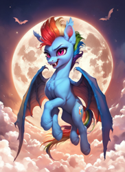 Size: 1024x1408 | Tagged: safe, ai content, derpibooru import, generator:pony diffusion v6 xl, generator:stable diffusion, machine learning generated, rainbow dash, bat pony, pony, g4, bat ponified, bat wings, fangs, female, flying, full moon, mare, moon, night, open mouth, open smile, prompter:star-dragon, race swap, rainbowbat, slit eyes, smiling, solo, wings