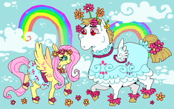 Size: 527x332 | Tagged: safe, artist:suippumato, derpibooru import, bulk biceps, fluttershy, pegasus, pony, g4, rainbow falls, bipedal, blue background, clothes, dress, duo, duo male and female, female, floral head wreath, flower, flower in tail, male, mare, rainbow, simple background, stallion, tail