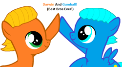 Size: 1116x610 | Tagged: safe, artist:memeartboi, derpibooru import, earth pony, pegasus, pony, best bros, best friends, best friends forever, bff, brofist, brothers, colt, cute, darwin watterson, duo, duo male, foal, gumball watterson, happy, high five, male, ponified, sibling, sibling bonding, sibling love, siblings, simple background, smiling, species swap, the amazing world of gumball, white background