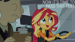 Size: 1920x1080 | Tagged: safe, derpibooru import, edit, edited screencap, editor:quoterific, screencap, cranky doodle donkey, sunset shimmer, driving miss shimmer, equestria girls, g4, car, clipboard, my little pony equestria girls: choose your own ending