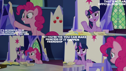 Size: 2000x1125 | Tagged: safe, derpibooru import, edit, edited screencap, editor:quoterific, screencap, pinkie pie, twilight sparkle, twilight sparkle (alicorn), alicorn, earth pony, pony, g4, not asking for trouble, book, cutie map, duo, duo female, female, mare, scroll, twilight's castle