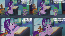 Size: 2000x1125 | Tagged: safe, derpibooru import, edit, edited screencap, editor:quoterific, screencap, spike, starlight glimmer, dragon, pony, unicorn, every little thing she does, g4, book, duo, duo male and female, female, horn, kite, male, mare, starlight's room, trash can