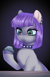 Size: 2600x4000 | Tagged: safe, artist:lina, derpibooru import, boulder (pet), maud pie, earth pony, pony, collaboration, choker, collaboration:meet the best showpony, colored hooves, colored pinnae, ear piercing, earring, eyeshadow, female, gradient background, half body, jewelry, looking at something, makeup, mare, piercing, purple eyeshadow, rock, solo, spiked choker