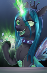Size: 2600x4000 | Tagged: safe, artist:lina, derpibooru import, queen chrysalis, changeling, changeling queen, collaboration, boulder (g4), choker, collaboration:meet the best showpony, crown, fangs, glowing, glowing horn, horn, jewelry, regalia, smiling