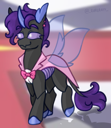 Size: 1015x1170 | Tagged: safe, artist:_rarerayy_, derpibooru import, oc, oc only, changeling, g4, changeling oc, clothes, digital art, grand galloping gala, ponysona, purple changeling, solo, suit