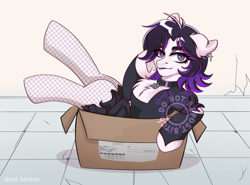 Size: 2818x2085 | Tagged: safe, artist:redjester, derpibooru import, oc, oc only, earth pony, pony, accessory, box, chest fluff, choker, clothes, dress, ear fluff, ear piercing, earring, ears, female, jewelry, mare, piercing, ponified, pony in a box, solo, species swap