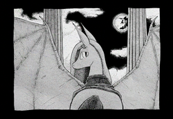 Size: 1280x886 | Tagged: safe, artist:darkhestur, derpibooru import, oc, oc only, oc:dark, bat pony, bat pony oc, cloud, columns, ink, looking at you, looking back, looking back at you, lyrics in the description, monochrome, moon, night, night sky, sky, spread wings, traditional art, wings