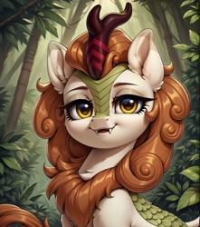Size: 1808x2048 | Tagged: safe, ai content, derpibooru import, generator:pony diffusion v6 xl, generator:stable diffusion, machine learning generated, autumn blaze, kirin, g4, bust, chest fluff, cute, cute little fangs, ear fluff, ears, fangs, female, forest, horn, jungle, kirinbetes, lidded eyes, long eyelashes, looking at you, nature, outdoors, prompter:ramprover, smiling, smiling at you, solo, tree
