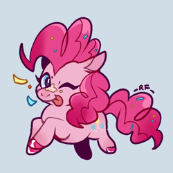 Size: 800x800 | Tagged: safe, artist:luoxingyexia, derpibooru import, pinkie pie, earth pony, pony, ;p, chibi, confetti, female, mare, one eye closed, smiling, solo, tongue, tongue out