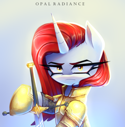 Size: 2950x3000 | Tagged: safe, artist:opal_radiance, derpibooru import, oc, oc only, pony, unicorn, armor, gradient background, horn, solo, sword, weapon