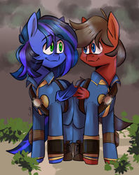 Size: 948x1200 | Tagged: safe, artist:cozziesart, derpibooru import, oc, oc only, oc:guard cobalt flash, oc:strong hoof, bat pony, pegasus, pony, fallout equestria, bat pony oc, clothes, fallout, jumpsuit, looking at each other, looking at someone, male, pegasus oc, pipbuck, vault suit