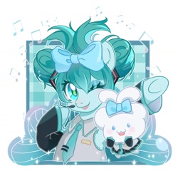 Size: 2400x2300 | Tagged: safe, artist:weixin635, derpibooru import, pony, abstract background, anime, duo, female, hatsune miku, mare, one eye closed, ponified, simple background, smiling, species swap, vocaloid, white background, wink