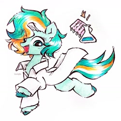 Size: 1987x1988 | Tagged: safe, artist:liaaqila, derpibooru import, oc, oc only, oc:misty eyes, earth pony, pony, clothes, cutie mark, earth pony oc, lab coat, simple background, solo, traditional art, white background