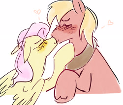 Size: 2674x2302 | Tagged: safe, artist:frostharbourer, derpibooru import, big macintosh, fluttershy, earth pony, pegasus, pony, blushing, duo, ears, eyes closed, female, floppy ears, fluttermac, heart, height difference, kiss on the lips, kissing, lesbian, male, orchard blossom, shipping, simple background, trans big macintosh, transgender, white background
