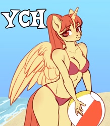 Size: 2620x3000 | Tagged: safe, artist:nika-rain, derpibooru import, oc, alicorn, anthro, pony, auction, auction open, ball, breasts, clothes, commission, ocean, sketch, solo, swimsuit, water, ych sketch, your character here