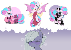 Size: 3508x2480 | Tagged: safe, artist:syrupyyy, derpibooru import, limestone pie, oc, oc:sweetie swirl, bat pony, pony, bat pony oc, blue blush, blue tongue, blushing, bow, clothes, crossdressing, dress, flustered, goth, hair bow, headphones, high heels, imagination, jewelry, long tongue, multicolored hair, not flurry heart, shoes, thought bubble, tiara, tongue, tongue out