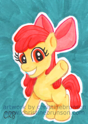 Size: 550x773 | Tagged: safe, artist:inkdotthepony, derpibooru import, apple bloom, earth pony, pony, g4, abstract background, female, filly, foal, grin, raised hoof, raised leg, smiling, solo, text, traditional art