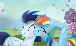 Size: 2346x1424 | Tagged: safe, derpibooru import, rainbow dash, soarin', pegasus, pony, g4, female, kiss on the cheek, kissing, male, mare, shipping, soarindash, stallion, straight