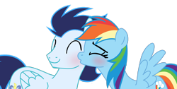 Size: 2346x1180 | Tagged: safe, derpibooru import, rainbow dash, soarin', pegasus, pony, g4, female, kiss on the cheek, kissing, male, mare, shipping, simple background, soarindash, stallion, straight, transparent background