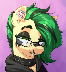Size: 2128x2296 | Tagged: safe, artist:witchtaunter, derpibooru import, oc, oc only, oc:joystick, pony, abstract background, bridge piercing, bust, clothes, collar, commission, ear piercing, eyebrow piercing, eyeshadow, female, glasses, goth, hoodie, industrial piercing, lip piercing, looking at you, makeup, mare, nose piercing, nose ring, piercing, portrait, pride, pride flag, smiling, smiling at you, solo, transgender pride flag