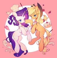 Size: 2659x2700 | Tagged: safe, artist:leafywind, derpibooru import, applejack, rarity, earth pony, pony, unicorn, g4, cake, chef's hat, circle background, duo, female, food, hat, horn, icing bag, lesbian, mare, pink background, rarijack, shipping, simple background, strawberry