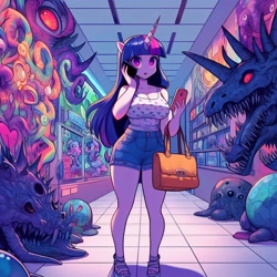 Size: 1024x1024 | Tagged: safe, ai content, derpibooru import, machine learning generated, twilight sparkle, anthro, unicorn, g4, abstract, adorasexy, bag, big breasts, breasts, cellphone, cleavage, clothes, creature, cute, denim, denim shorts, female, handbag, horn, horror, mall, monster, open mouth, phone, prompter:horselover fat, sexy, shopping, shorts, standing, surreal, talking, talking on phone, tanktop, tiled floor, weird